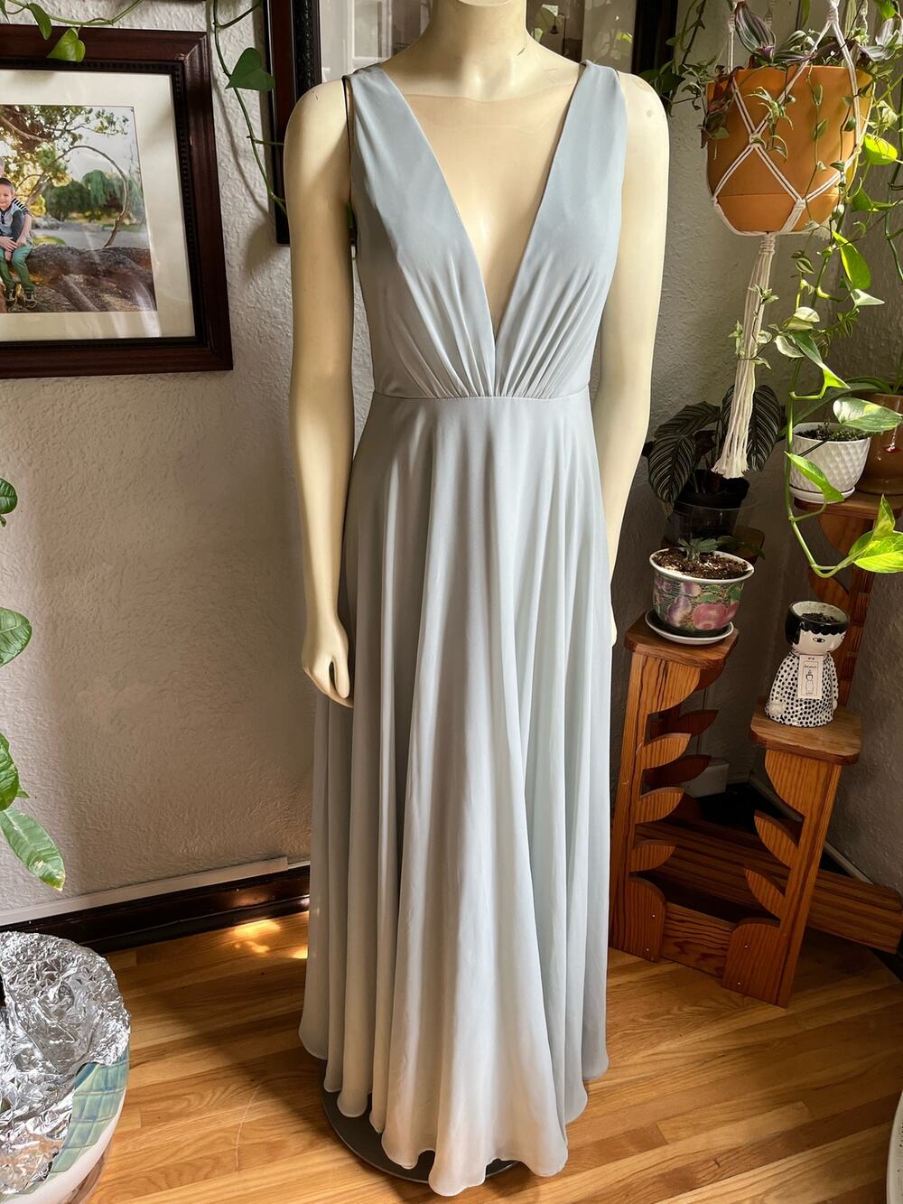 Jenny Yoo Green Chiffon Deep V Illusion Dress